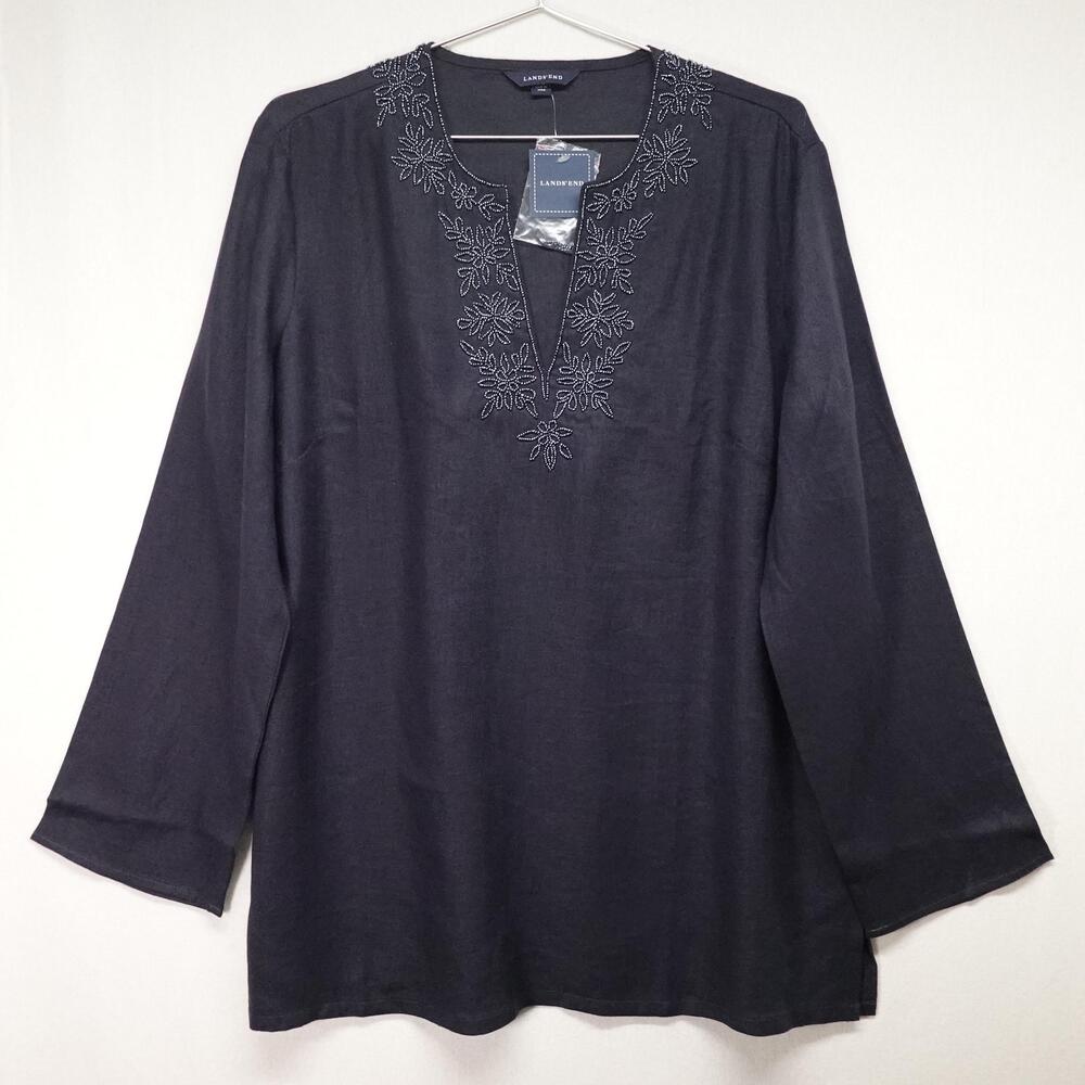 Lands' End Tunic Top Womens L Blue Linen Beaded V Neck Long Sleeve Boho Resort